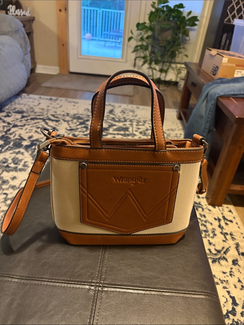 Wrangler Cream and Tan Mini Satchel with Leather Trim